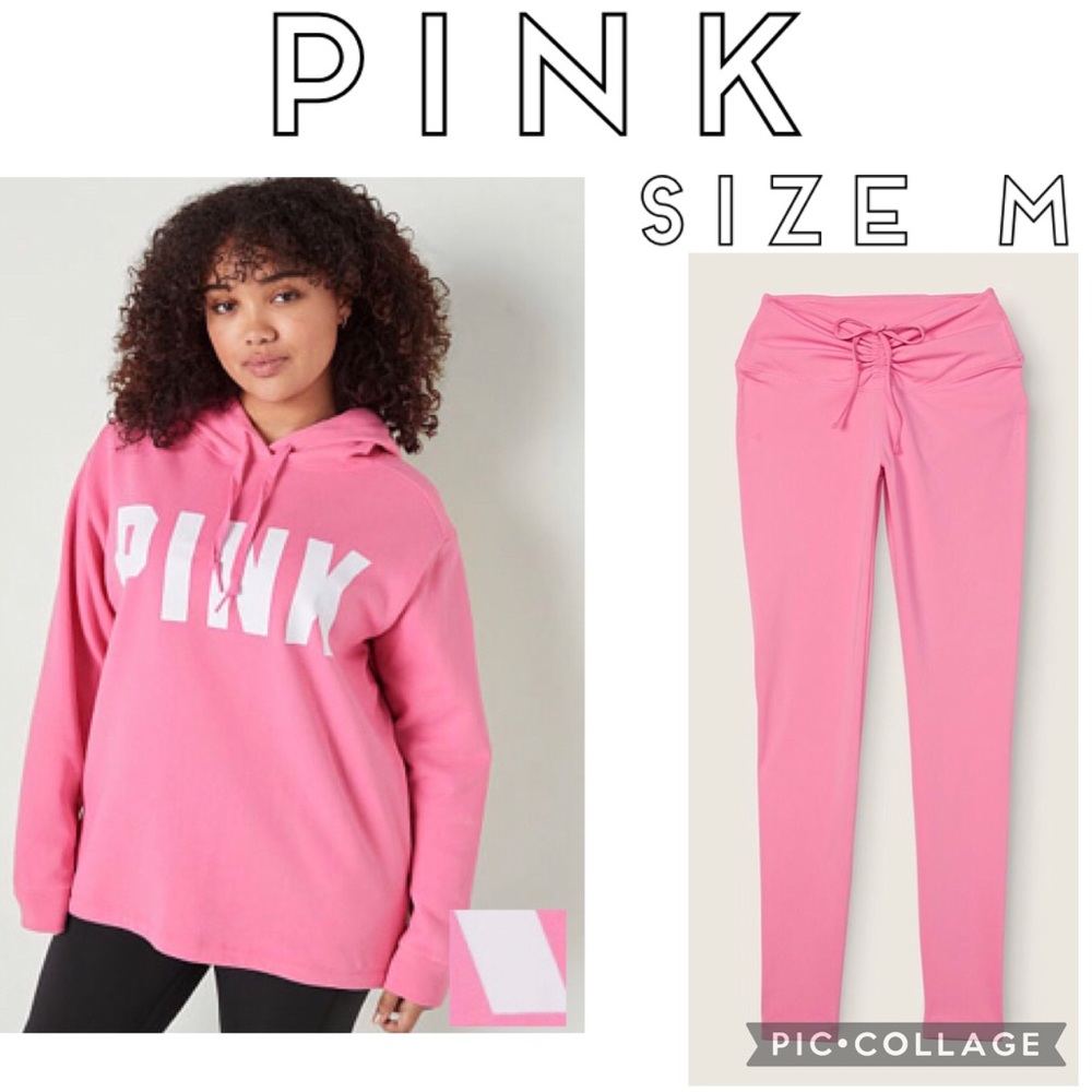 New PINK fleece campus hoodie + adjustable waist ruched leggings Sz M